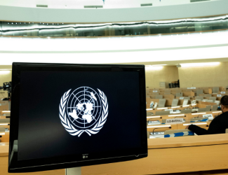 UN logo on screen at HRC45