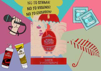 An image with a hand holding a microphone, a blurb that written, “No to Stigma! No to Violence! No to Exclusion”, condoms, a red umbrella drawing, and toiletries bottles written “secrets” and “gold”. At the center of the image is a drawing of a naked woman sitting on top pf an egg that’s written “New Zealand’s Prostitute’s Collective”