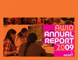 3 women sitting on a roundtable with dmall thumbnails of women's faces on top and text that reads, "AWID ANNUAL REPORT 2009"