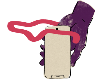Illustration of a purple hand upside-down holding a phone