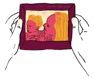 Illustration of two hands holding a photo of mother and baby