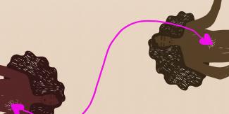 Illustration of two brown people connected by a pink string attached to their hearts.