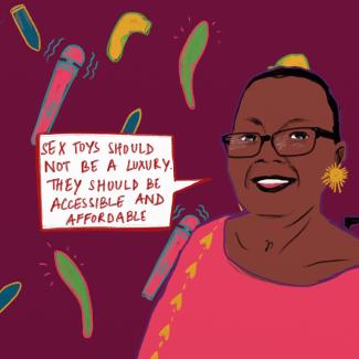 Illustrated portrait of Makgosi Letimile saying: Sex toys should not be a luxury. They should be accessible and affordable