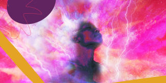 Photographic illustration called "Orgasm" shows a female presenting person with eyes closed amidst light in outer space. 