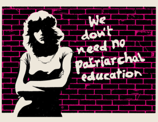 Illustration of a woman with folded arms, right in front of a brick wall. On the wall, graffiti that says "We don't need no patriarchal education"