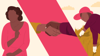 Three-fold graphic with 1st - dark skinned woman with brown hair and pink dress; 2nd - Pink background with two hands shaking - lighter skinned hand with a yellow shirt and darker-skinned hand with a burgundy shirt; 3rd person working in the field, wearing a pink hat, white gloves, and burgundy shirt;