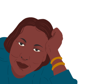 This illustration represents Lohana Berkins, she has dark short hair, dark skin, and two golden bracelets on her left wrist. She is resting the left side of her face on her palm and wearing a duck blue long-sleeve shirt