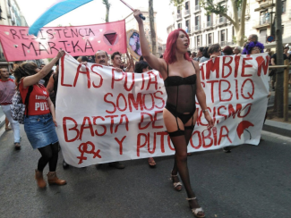 Foto de Sabrina Sánchez ondeando una bandera y encabezando una manifestación. Ella marcha en un conjunto de lencería y tacones. Hay personas con carteles detrás de ella.