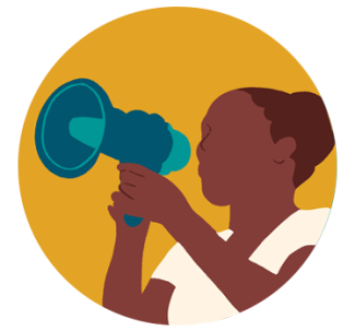 Yellow circle with illustration of a brown woman with a white t-shirt holding a blue loudspeaker.