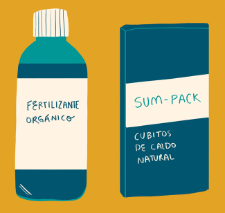 ILUSTRACIÓN DE PRODUCTOS NSS: Fertilizante orgánico y Sum-Pack - Cubitos de caldo natural
