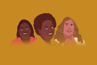 Mustard background with the illustrated portraits of Clemencia Carabalí to the left, Carmen Silva in the center and Aura Roig to the right. Clemencia is black, with long shoulder-length hair and is smiling and wearing a pink blouse. Carmen is black, she has an afro and is wearing a yellow blouse. Aura is blonde, she has shoulder length hair and is wearing hoops.