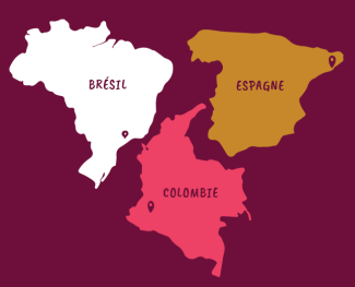 Fond bordeaux avec les cartes du Brésil en blanc, de l'Espagne en jaune moutarde, et de la Colombie en rose