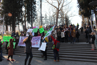 The photo shows a demonstration with a crowd holding green and white posters.