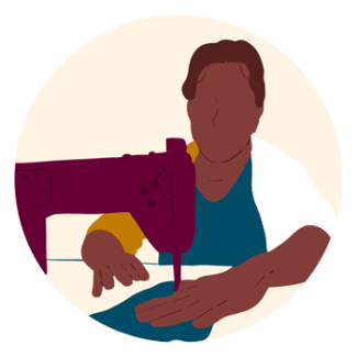 This image represents a faceless person with short dark hair, and dark skin, with a navy blue shirt, and yellow sweater, working behind a burgundy sewing machine on a navy blue piece of fabric 