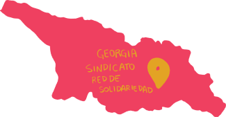 Esta imagen es un primer plano de Georgia en rosa coral con un alfiler amarillo que indica "Sindicato Red de Solidaridad".