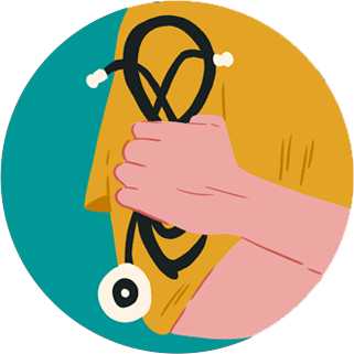 Ilustración de una persona de piel blanca con uniforme amarillo de enfermera con estetoscopio en la mano,