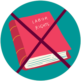 Illustration of a pink book that says “labor rights” and has a red X on it, 