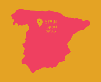 Fond moutarde avec une carte rose de l'Espagne et une épingle jaune de l'emplacement de Sindicato Otras ;