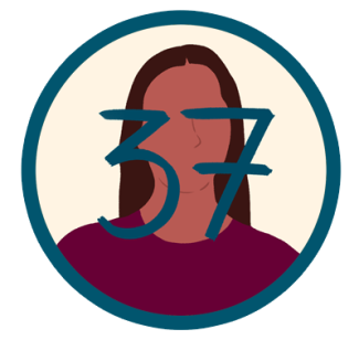This illustration depicts a faceless person with long dark hair and a burgundy shirt, with the number 37 written across the image (37 being the life expectancy of a trans and travesti person in Argentina)