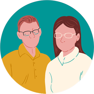 Illustration de deux personnes à la peau blanche portant des lunettes, à gauche en arrière-plan se trouve un mand et à droite au premier plan se trouve une femme. Le fond est turquoise.