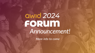 An image with a purple to yellow gradient background and the words "AWID 2024 Forum Announcement" over it. In the background there is a faded photo of the audience during the 2016 Forum.