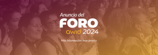 Imagen con las palabras Anuncio del foro AWID 2024. Más informaciones próximamente. El fondo de la imagen es una fotografía tenue de la audiencia en el foro de 2016, con un efecto de color degradado que va de púrpura a amarillo de izquierda a derecha. 