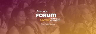 Image avec les mots: annonce: forum awid 2024. L'arrière-plan a une photo pâle du public lors du forum précédent et a un dégradé qui va du violet à gauche au jaune à droite. 