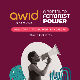 Graphic for the Announcement of AWID's participation in CSW 2023 with Portals
