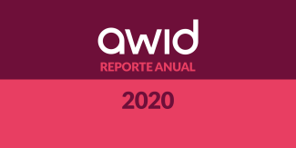 Imagen color vino y rosa con el logo de AWID y las palabras "Informe Anual 2020"