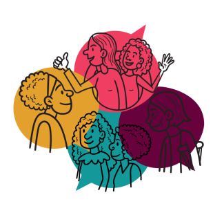 This image is in the cover of the Forum Stories report. It shows 4 overlapping speech bubles, yellow, pink, purple and turquoise. Each contains the illustration of one or two people in conversation.