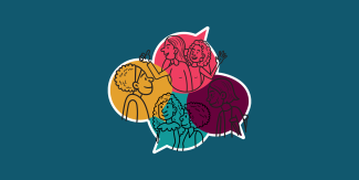 Navy blue banner with an illustration showing four overlapping speech bubbles in yellow, magenta, purple and turquoise. Inside each buble there are drawings representing the people interviewed for the forum stories.