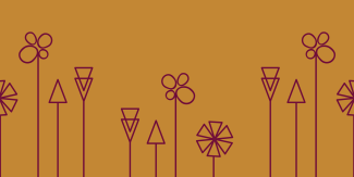 Mustard yellow banner with geometric line drawings in burgundy.