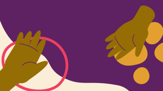 The image shows an illustration with a diagonal division where the top is purple and the bottom cream. On the lower left-hand corner and the upper right-hand corner there are open hands stretched out. The are magenta and yellow circles behind the hands, part of AWID's iconography.
