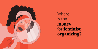 Orange banner with an illustration of a woman with curly hair, wearing glasses, a headband an bangles. Right in front of her face there is a hand holding a magnifying glass through which she is looking.