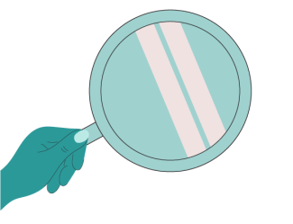 An illustration in teal blue depicting a hand holding a magnifying glass. 