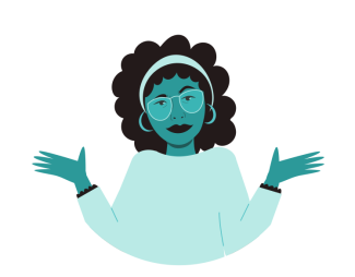 A monochromatic blue illustration of a woman with curly hair shrugging.