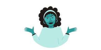 A monochromatic blue illustration of a woman with curly hair shrugging.