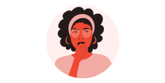A monochromatic orange illustration of a woman with curly hair with her hand on her chin. She seems to inquisitive or posing a question.