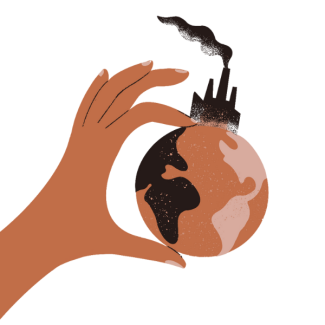 An illustration representing corporate capture, depicting a hand holding a small planet Earth between the index and thumb. On top of the little planet there are buildings with a tall industrial chimney, representing pollution.