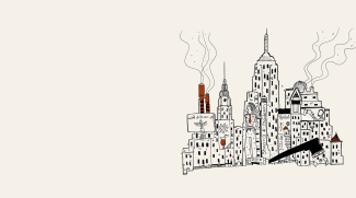 An illustration shows a busy industrialised city landscape. A woman wearing a suit is standing on the forefront. The phrase "Strong and Modern" is written on the side of a building. You can see lines that represent smoke coming out of chimneys. 